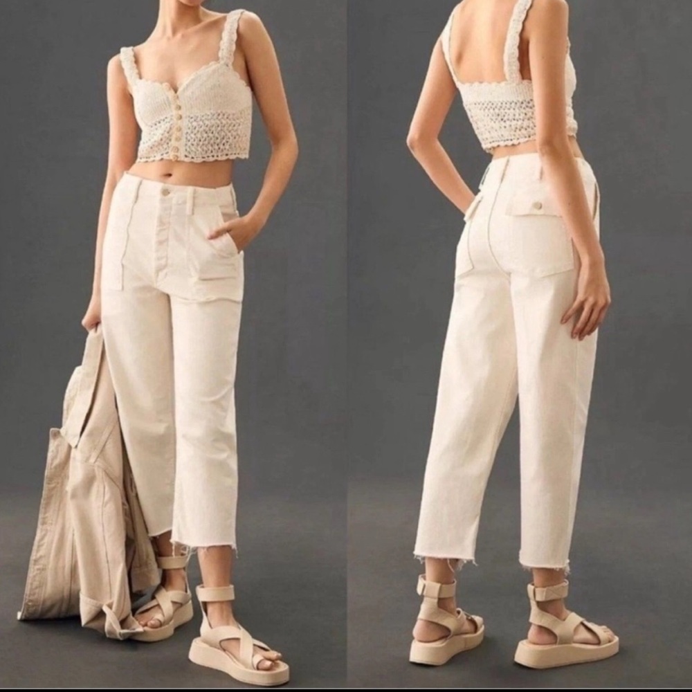 MOTHER Denim Jeans The Patch Pocket Private Ankle Fray Sz 31 Cream Puffs EUC - Picture 2 of 16